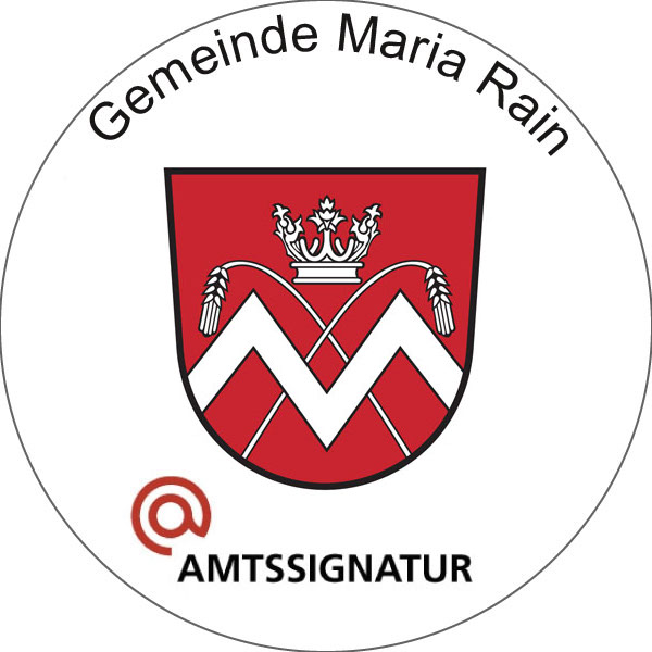 Siegel für die Amtssignatur mit Gemeinde Maria Rain als Wort im oberen Bogen, dem Wappen in der Mitte und dem Schriftzug @Amtssignatur unter dem Wappen