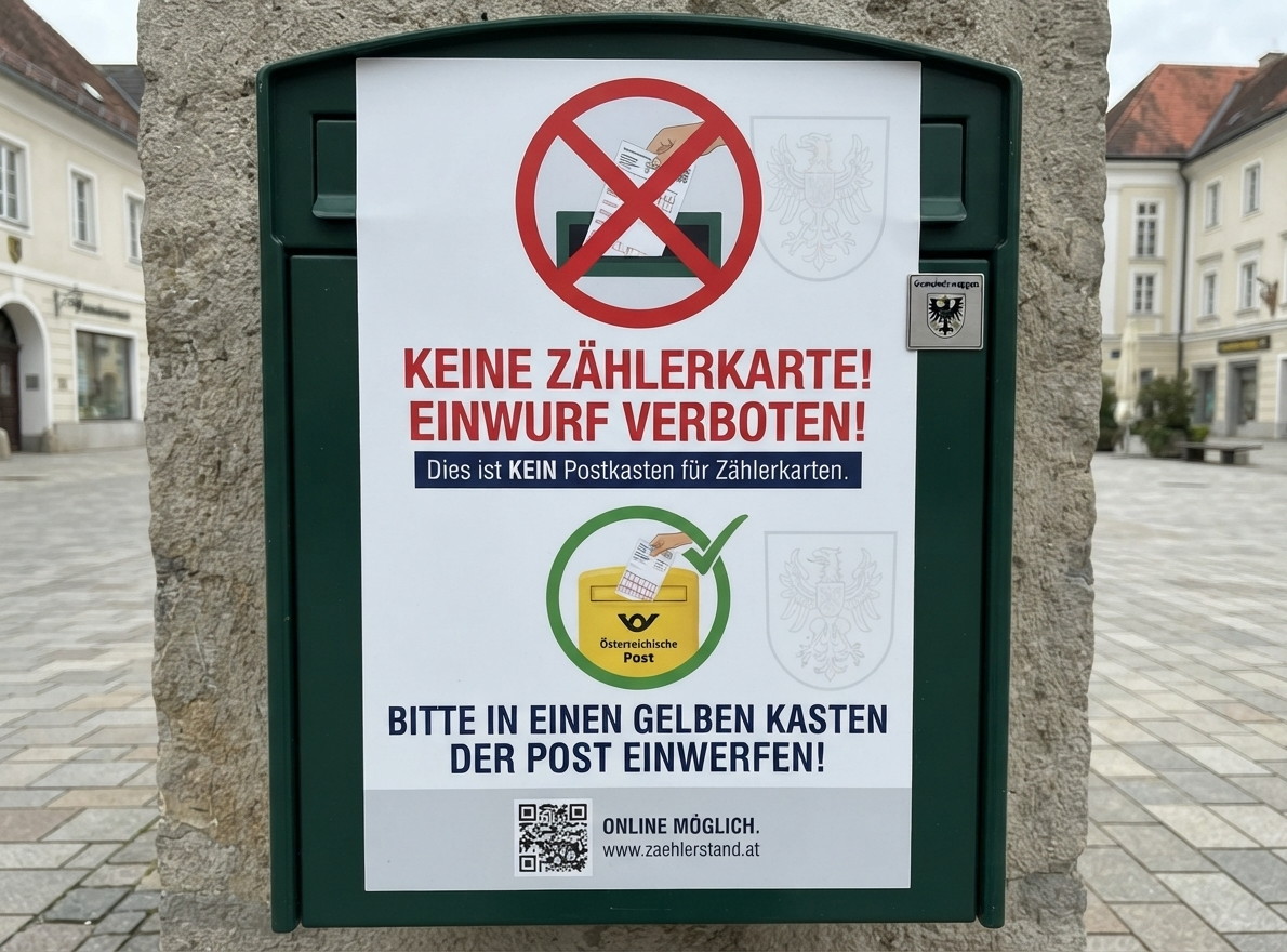 Zählerkarte: Einwurf verboten! Bitte in gelben Postkasten werfen.